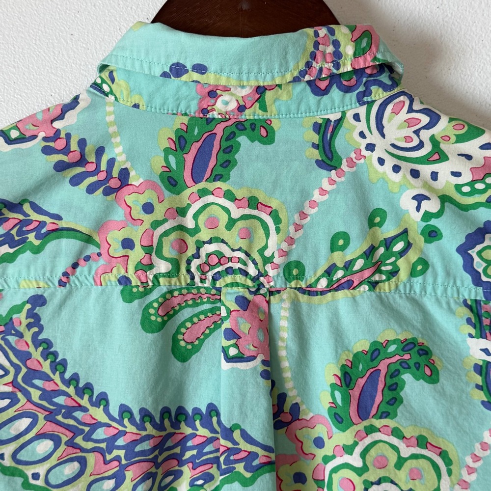 Talbots Button Up Blouse Shirt XS Teal Paisley Long Sleeve 100% Cotton Coastal - Picture 8 of 10